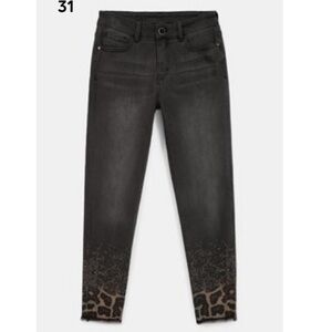 Desigual Black Faded Jeans Rhinestone Diamond Animal Leopard Ankle Raw Hem Sz 32